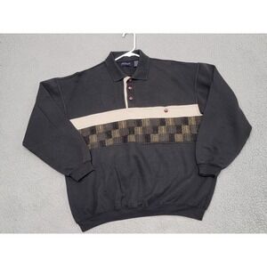 Vintage 80s Knit Polo Shirt Mens XL Black Check Wood Buttons Sweater Panel